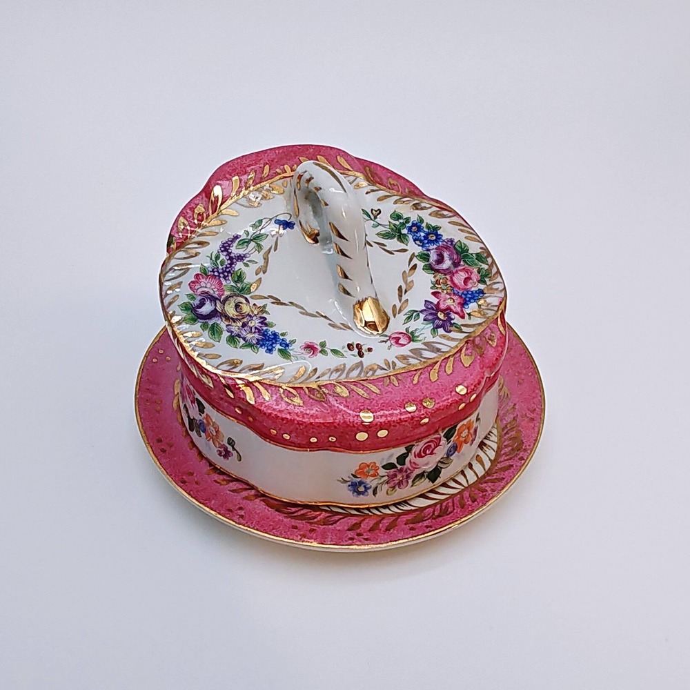 Décor à Sèvres Rare Pink Porcelain Butter Dish Gold Beaded Gilt Crowned N Mark - Picture 2 of 8